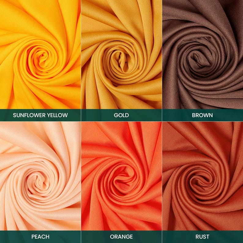 K&ouml;nnte beinhalten: Ein Raster aus sechs Stoffmustern in Spiralform, beschriftet mit Sunflower Yellow, Gold, Brown, Peach, Orange und Rust. Jedes Muster zeigt eine eigene Volltonfarbe mit sichtbarer Textilstruktur und Falten, die von der Mitte ausgehen.