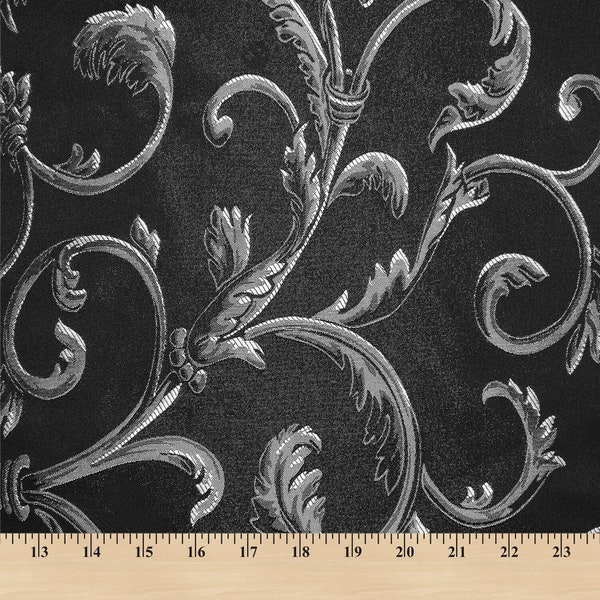 Black / Silver Damask Jacquard Vine Brocade Fabric 118" By the Yard