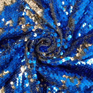 Two-Sided Reversible Sequins Fabric on Stretch Mesh 58/60&quot; wide Sold BTY Gold / Royal Blue