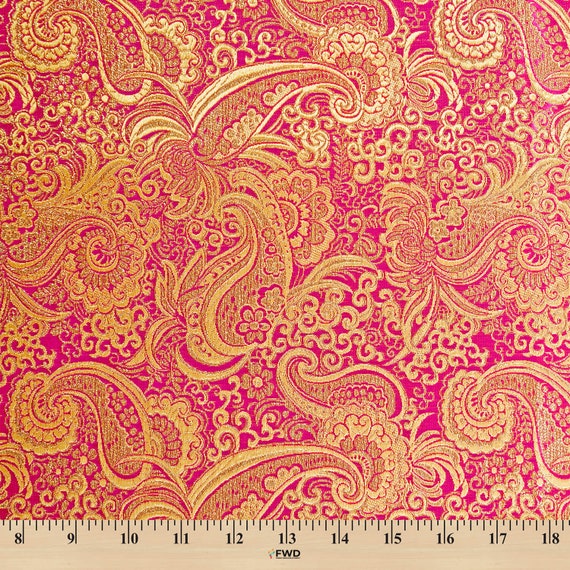 Fuchsia / Gold Metallic Paisley Brocade Fabric