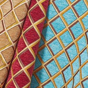 Geometric Grid Metallic Polyester Chenille Upholstery (57 Inch) Jacquard Fabric By The Yard - For Sewing Upholstery, Curtains, & Décor