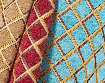Geometric Grid Metallic Polyester Chenille Upholstery (57 Inch) Jacquard Fabric By The Yard - For Sewing Upholstery, Curtains, & Décor