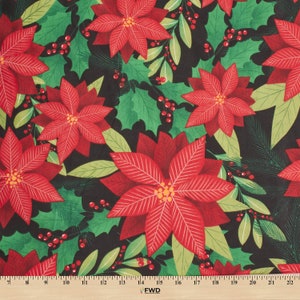 Holiday Floral Print Broadcloth Fabric - Black Multi-Color Polyester Cotton 58/60&quot; By The Yard