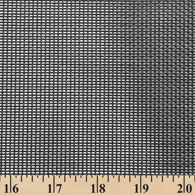 May include: Black mesh fabric with a square weave pattern. The fabric is measured with a ruler showing inches.