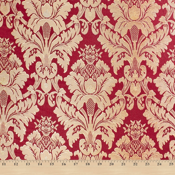 Burgundy / Gold Damask Jacquard Floral Brocade Fabric 118" By the Yard