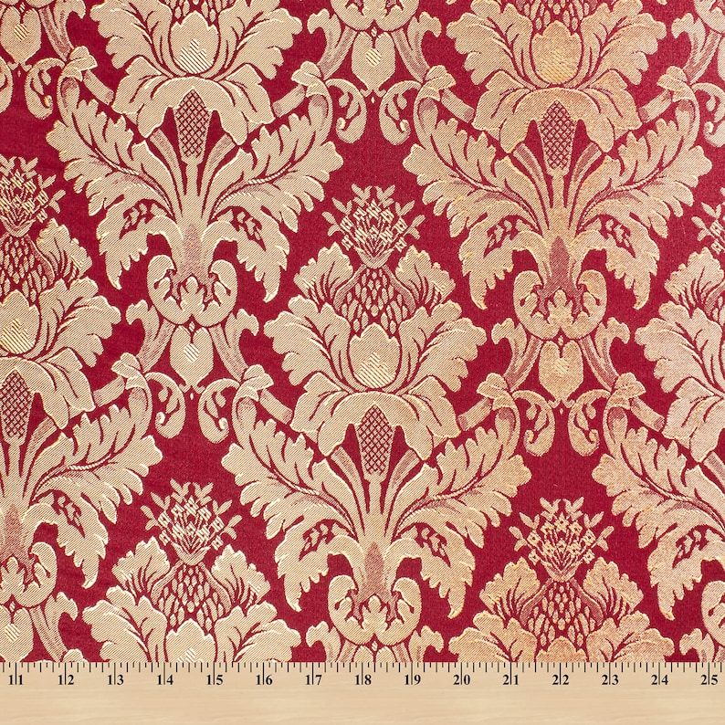 Vinröd/guld damast jacquard blommig brokadtyg 118" som metervara bild 1