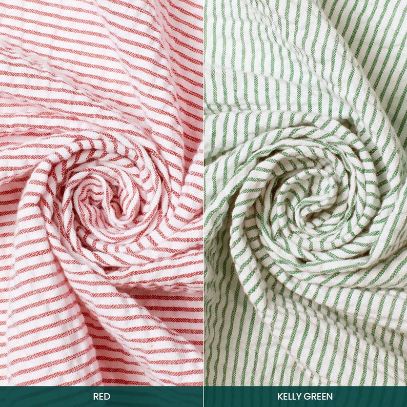 May include: Two fabrics, one red and white striped, the other green and white striped, are swirled. The bottom of the image has the words "RED" and "KELLY GREEN" in white text on a dark green background.