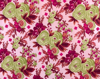 Rose Print Stoff 100 % Baumwolle rosa grün Floral Design 58/60" breit verkauft BTY