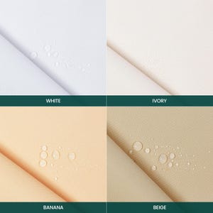 Puede incluir: Una cuadr&iacute;cula de cuatro muestras de tela en blanco, marfil, pl&aacute;tano y beige. Cada muestra presenta un pliegue diagonal y peque&ntilde;as gotas de agua sobre la superficie, lo que demuestra una textura repelente al agua. Los colores est&aacute;n etiquetados.