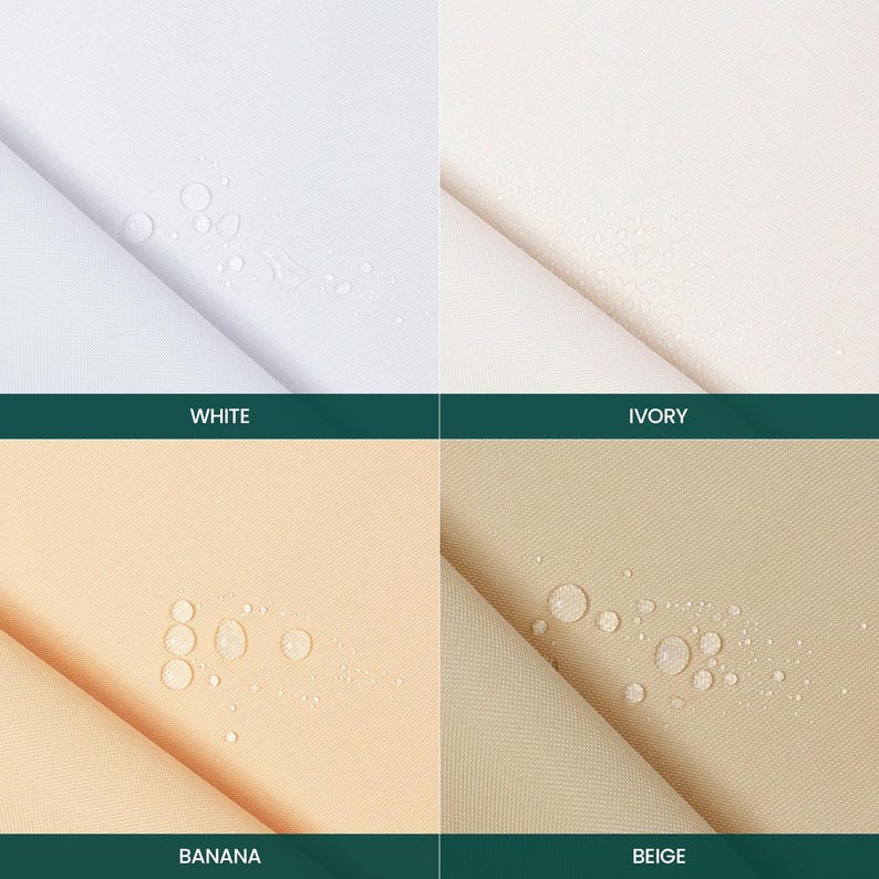 Puede incluir: Una cuadr&iacute;cula de cuatro muestras de tela en blanco, marfil, pl&aacute;tano y beige. Cada muestra presenta un pliegue diagonal y peque&ntilde;as gotas de agua sobre la superficie, lo que demuestra una textura repelente al agua. Los colores est&aacute;n etiquetados.