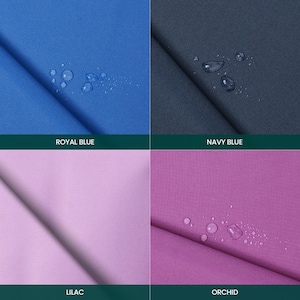Puede incluir: Una cuadr&iacute;cula de cuatro muestras de tela en azul real, azul marino, lila y orqu&iacute;dea. Cada muestra presenta una textura tejida suave con gotas de agua visibles en la superficie. Las etiquetas de texto identifican los colores como Royal Blue, Navy Blue, Lilac y Orchid.