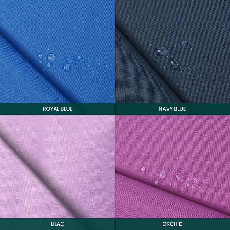 Puede incluir: Una cuadr&iacute;cula de cuatro muestras de tela en azul real, azul marino, lila y orqu&iacute;dea. Cada muestra presenta una textura tejida suave con gotas de agua visibles en la superficie. Las etiquetas de texto identifican los colores como Royal Blue, Navy Blue, Lilac y Orchid.