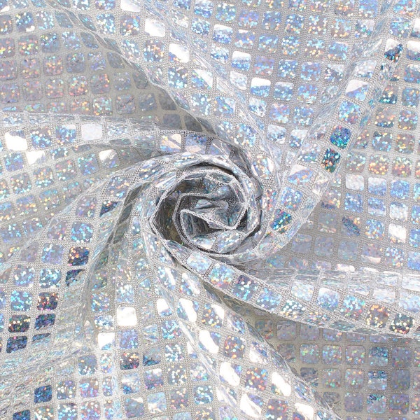 Silver Hologram 8mm Square Sequins Fabric for Sewing Costumes Apparel Crafts by the Yard