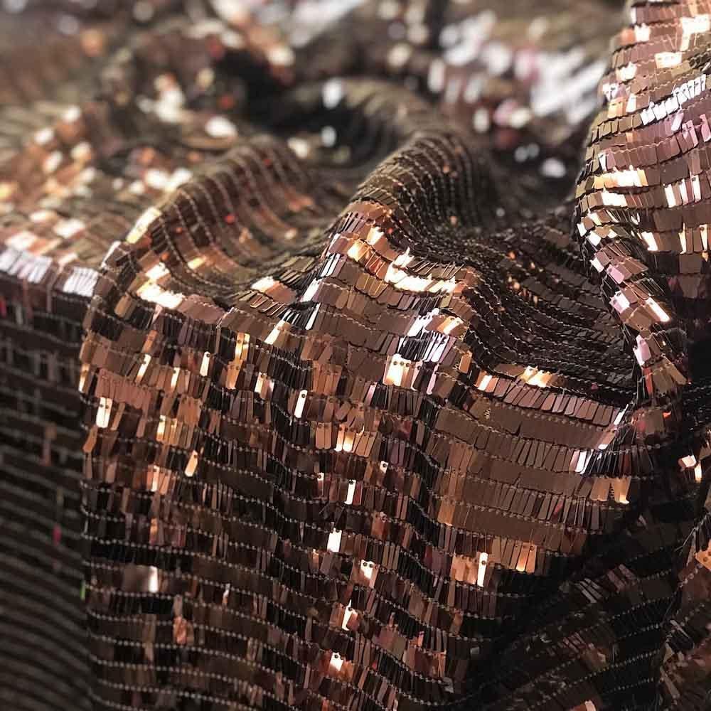 Copper Rectangle Piano Sequins on Stretch Nylon Mesh 63/64" Fabric Sold BTY