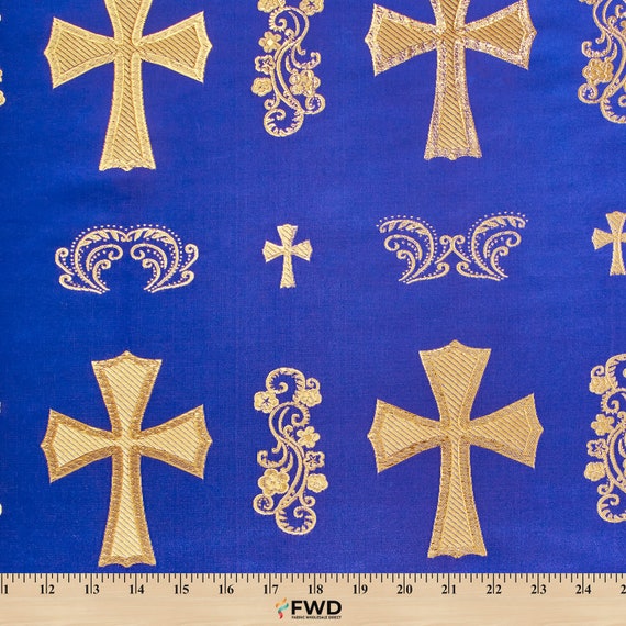 Cross Designed Brocade Fabric: White & Gold - Cross Designed Church Brocade  Fabric - White and Metallic Gold