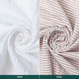 May include: Two fabric samples, one white and one khaki. The white fabric has a textured, waffle-like weave. The khaki fabric features a striped pattern with thin, horizontal brown lines on a white background. The word "WHITE" is printed below the white fabric, and "KHAKI" is printed below the khaki fabric.