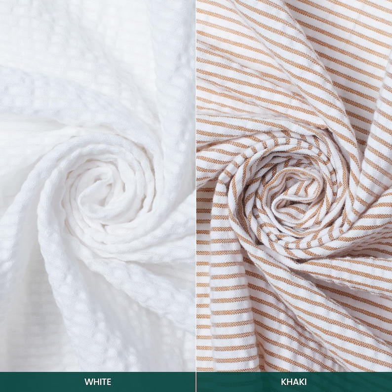 May include: Two fabric samples, one white and one khaki. The white fabric has a textured, waffle-like weave. The khaki fabric features a striped pattern with thin, horizontal brown lines on a white background. The word "WHITE" is printed below the white fabric, and "KHAKI" is printed below the khaki fabric.