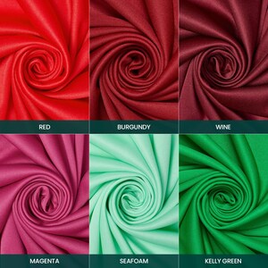 K&ouml;nnte beinhalten: Ein Raster aus sechs Stoffmustern in zwei Reihen, die jeweils eine zentrale Spiralfaltung aufweisen. Die gezeigten Farben sind Rot, Burgunderrot, Weinrot, Magenta, Meergr&uuml;n und Kelly-Gr&uuml;n. Jedes Muster ist mit seinem Namen beschriftet.