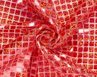 Tecido de lantejoulas quadradas com holograma vermelho de 8 mm para costura de fantasias e artesanato por quintal