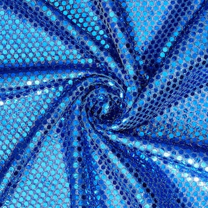 May include: Blue fabric with a shiny, iridescent finish. The fabric is covered in small, round sequins.