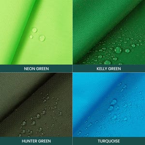 May include: A four-panel grid showing water-resistant fabric in neon green, kelly green, hunter green, and turquoise. Each panel features a diagonal fold and visible water droplets on the surface. Text labels identify each color below the fabric.