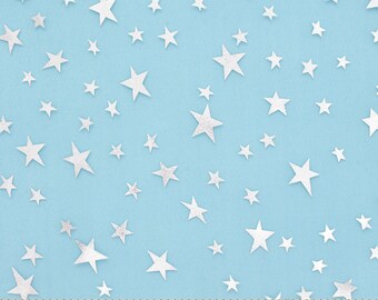 May include: A light blue fabric with a white star pattern. The stars are of varying sizes and are scattered randomly across the fabric.
