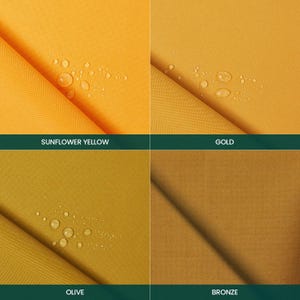 Puede incluir: Una cuadr&iacute;cula de cuatro paneles que muestra muestras de tela en amarillo girasol, oro, oliva y bronce. Cada muestra presenta un pliegue diagonal y peque&ntilde;as gotas de agua en la superficie. Etiquetas de texto identifican cada color debajo.