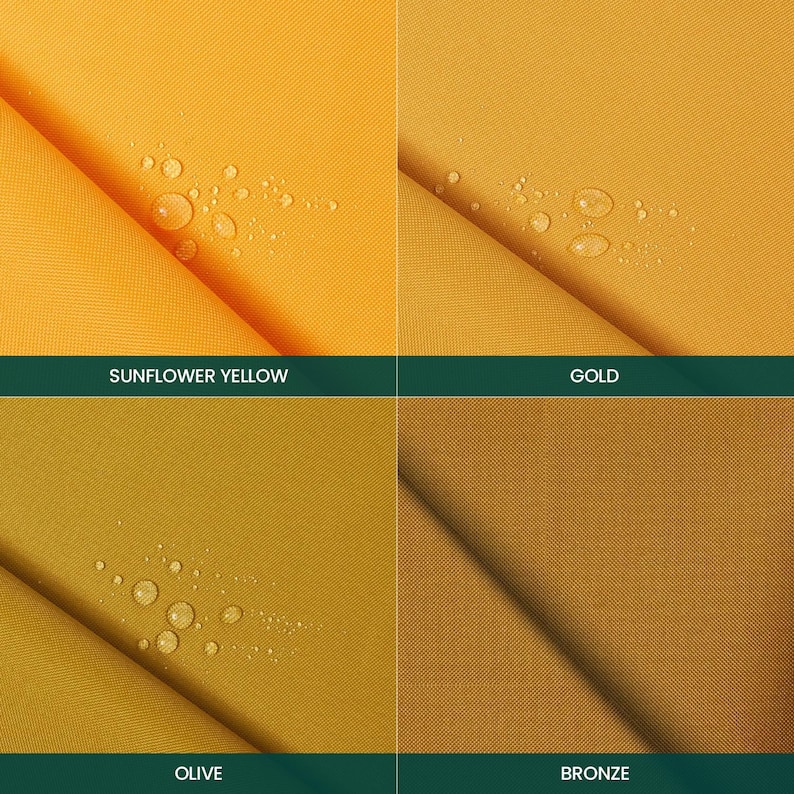 Puede incluir: Una cuadr&iacute;cula de cuatro paneles que muestra muestras de tela en amarillo girasol, oro, oliva y bronce. Cada muestra presenta un pliegue diagonal y peque&ntilde;as gotas de agua en la superficie. Etiquetas de texto identifican cada color debajo.