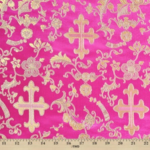Fuchsia/Gold Metallic Church Cross Brocade Fabric