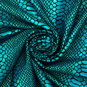 Snake Scale Hologram Tricot Foil Fabric - Black Turquoise Stretchy 60” By The Yard