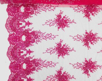 Fuchsia Spirit Floral Bridal Beaded Lace Fabric on Mesh