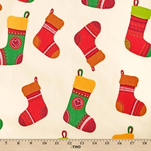 Stocking Print Broadcloth Fabric - Ivory Multi-Color Polyester Cotton 58/60&quot; By The Yard
