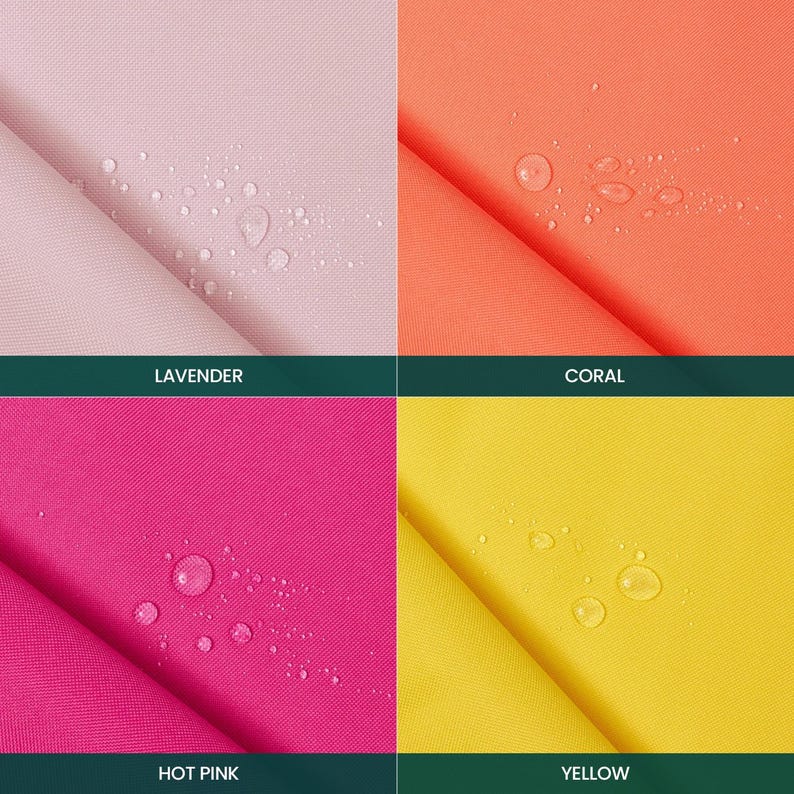 Puede incluir: Una cuadr&iacute;cula de cuatro muestras de tela en lavanda, coral, rosa intenso y amarillo. Cada muestra presenta una textura repelente al agua con gotas visibles en la superficie. Los colores est&aacute;n etiquetados como Lavanda, Coral, Rosa Intenso y Amarillo.