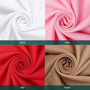 Puede incluir: Primer plano de cuatro muestras de tela en blanco, rosa, rojo y caqui. Cada muestra est&aacute; fuertemente enrollada, mostrando la textura y el color. Los colores est&aacute;n etiquetados con texto: "WHITE", "PINK", "RED" y "KHAKI".