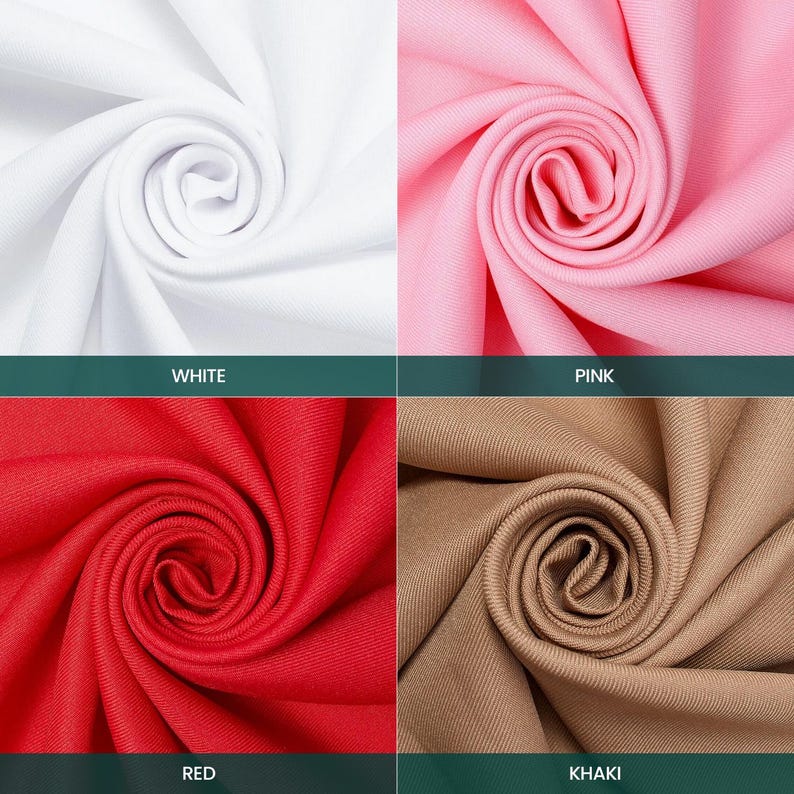 Puede incluir: Primer plano de cuatro muestras de tela en blanco, rosa, rojo y caqui. Cada muestra est&aacute; fuertemente enrollada, mostrando la textura y el color. Los colores est&aacute;n etiquetados con texto: "WHITE", "PINK", "RED" y "KHAKI".
