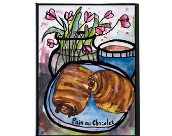"Pain au Chocolat, kleine französische Gebäck-Aquarellmalerei auf Leinwand, 15 x 20 cm, fertig zum Aufhängen."