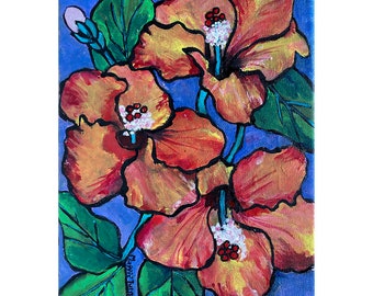 Hibiscus Flowers, Original Painting on Canvas, Hand-painted, 8x10, Ready to Hang