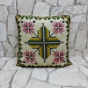 Vintage Hand Embroidered Throw Pillow: Scandinavian Folk Art Cushion