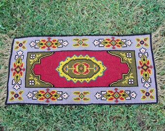 Vintage Hand-Embroidered Kilim Rug, Bohemian Doormat 47x16