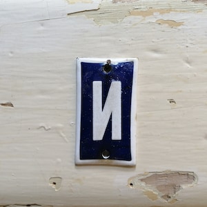 Vintage Sign House Door Number И, Blue and White Enamel Metal Plate, Number Street Sign Small size 2.8&quot; x 1.6&quot; Enameled Porcelain  zografa
