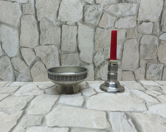 Vintage Norwegian Pewter Candle Holder and Footed Bowl Set, Scandinavian Folk Art Decor