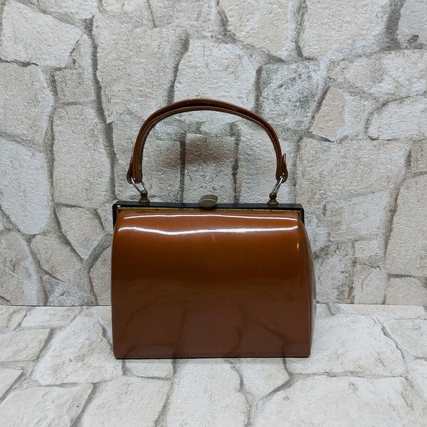 vintage Marron Femmes SAC Caramel couleur Sac en cuir en vinyle verni Sac 50's Sac avec poignée Sac à main Mode Livraison gratuite avec suivi