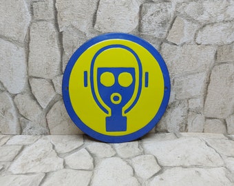 Vintage Porcelain Enamel Safety Sign - Warning Wear GAS MASK - Factory Sign Yellow and Blue Plate, Gift for Man Cave, Old Round Enamel Plate
