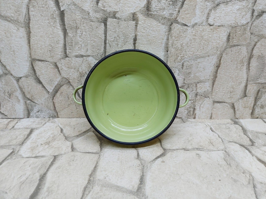 Vintage Green Enamel Bowl With Handles Enamelware Green Bowl Camping