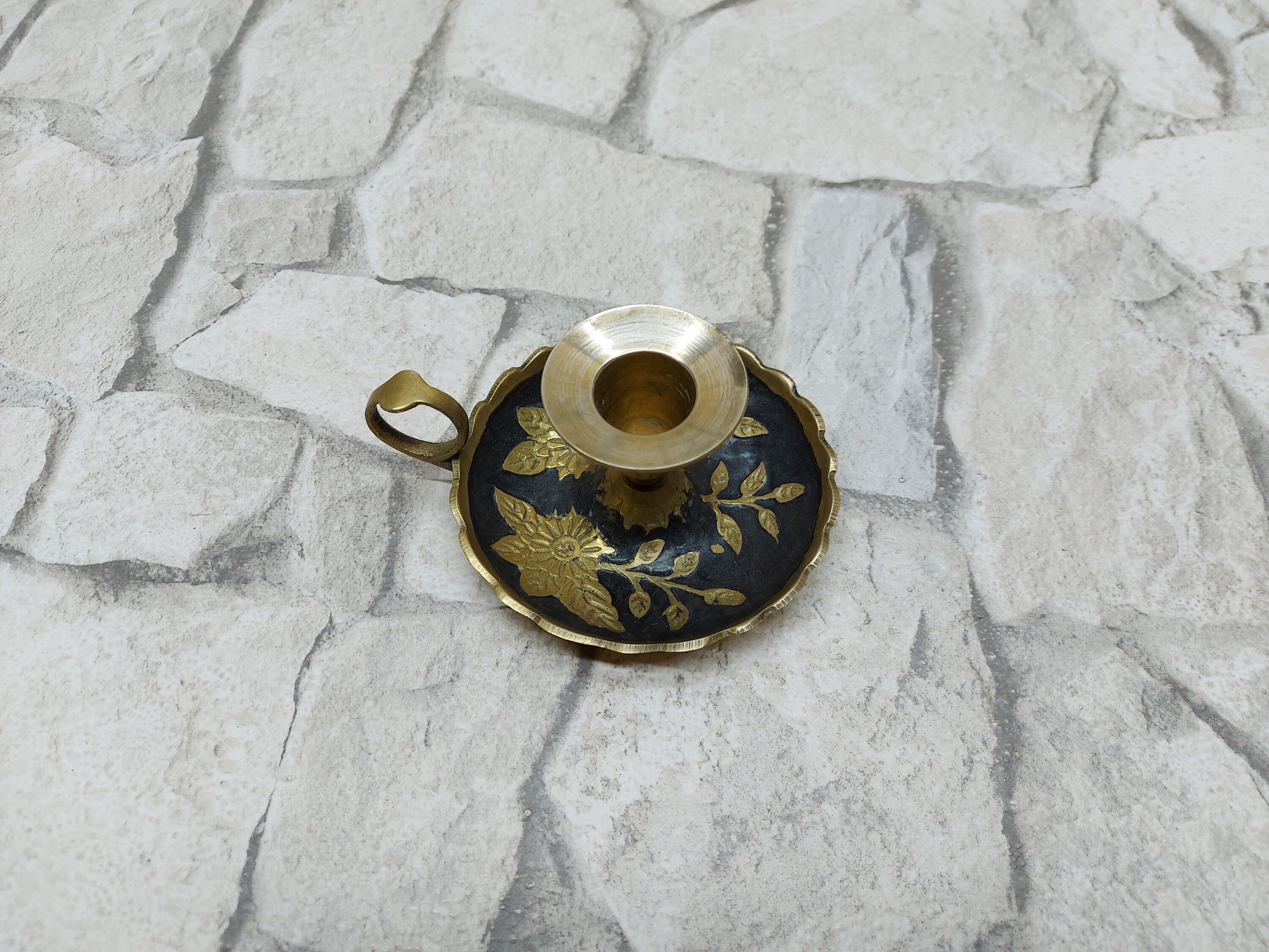 Vintage small brass candlestick holder with handle and dish Office decor Desk decor Vintage small brass candlestick holder with handle and dish Office decor Desk decor