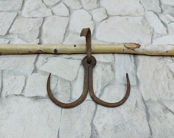 Antique Hand Forged Iron Double Hook: Primitive Hunter Decor