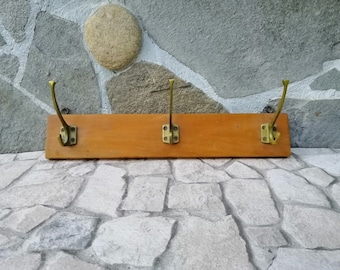 Vintage Wooden Coat Rack: Rustic Brass Hook Hat Holder