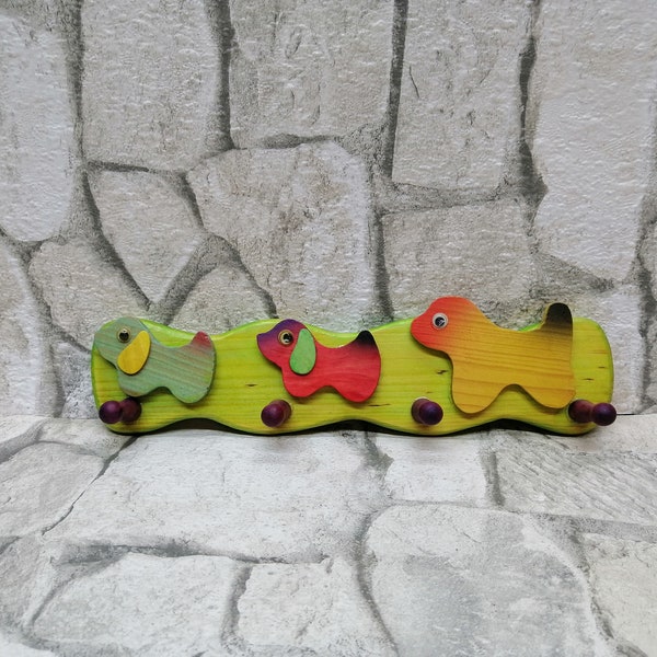 On Sale Wooden Children's Rack / Vintage Kids Coat Hanger / Wall Coat Rack / Kids Wood Hooks / Dogs Hand Painted Wood Rack / Childrens Room