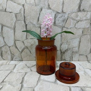 Pharmacy Bottle, Jar Vintage Glass Pharmacy Bottle with Glass Stopper, Brown Glass Bottle, Drugstore Bottle, Apothecary Glass, zografa