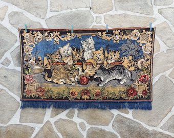 Vintage Kittens Velvet Tapestry: Mid-Century Wall Hanging Rug